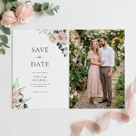 ブッシュピンクのバラのエレガントな結婚式フォト セーブザデート