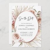 ブッシュピンクのバラ ドライ パーム ボーホー Save the Date セーブザデート (正面/裏面)