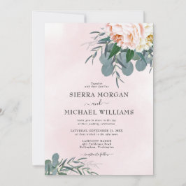 ブッシュピンクのピーコックとユーカリのウェディング水彩デザイン 招待状