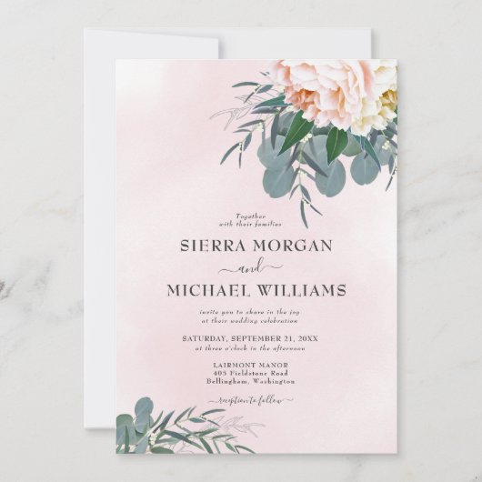 ブッシュピンクのピーコックとユーカリのウェディング水彩デザイン 招待状 (正面)