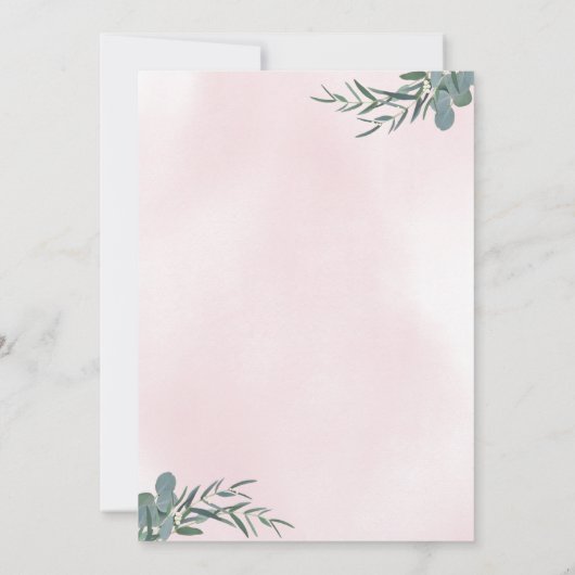 ブッシュピンクのピーコックとユーカリのウェディング水彩デザイン 招待状 (裏面)