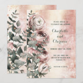 ブッシュピンクのラナンキュラスとユーカリのローズゴールドのウェディング 招待状 (正面/裏面)
