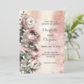 ブッシュピンクのラナンキュラスとユーカリのローズゴールドの結婚式 招待状 (スタンド正面)