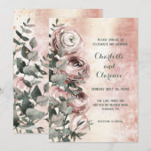 ブッシュピンクのラナンキュラスとユーカリのローズゴールドの結婚式 招待状 (正面/裏面)