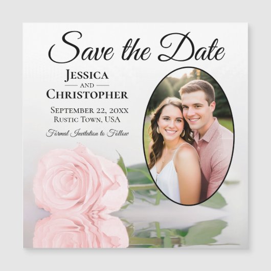 ブッシュピンクのローズウェディング・セーブ・ザ・デート写真マグネット (正面)