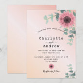 ブッシュピンクのローズゴールドの花と緑の結婚式 招待状 (正面/裏面)