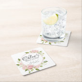 ブッシュピンクのローズゴールドフレーム付き ブライダルシャワー スクエアペーパーコースター (インサイチュ)