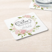 ブッシュピンクのローズゴールドフレーム付き ブライダルシャワー スクエアペーパーコースター (アングル)