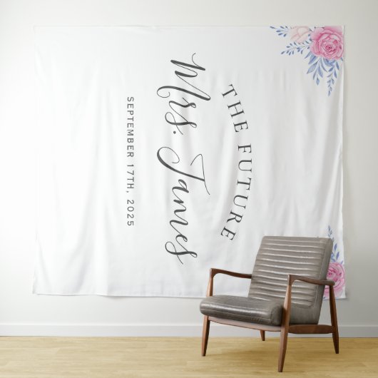 ブッシュピンクのローズフラワーダスティーブルー結婚式背景 タペストリー (インサイチュ(横))