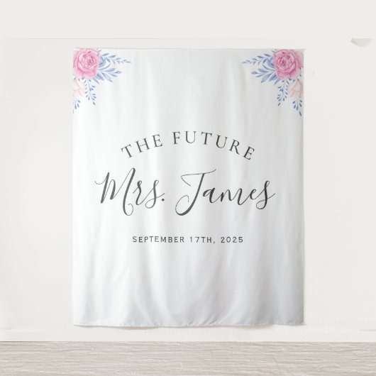 ブッシュピンクのローズフラワーダスティーブルー結婚式背景 タペストリー (正面)