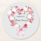 ブッシュピンクのローズフラワーハート ブライダルシャワー ラウンドペーパーコースター (正面)