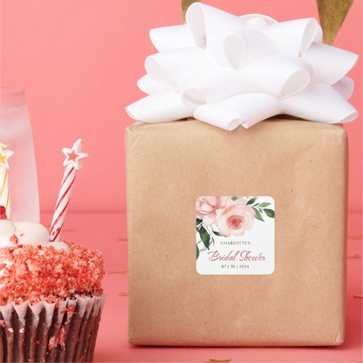 ブッシュピンクのローズフラワーブライダルシャワー スクエアシール (パーティー)