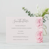 ブッシュピンクのローズ グレイ フラワーの結婚式のSave The Date 招待状 (スタンド正面)