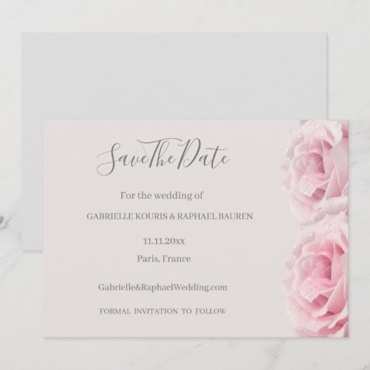 ブッシュピンクのローズ グレイ フラワーの結婚式のSave The Date 招待状 (正面/裏面)