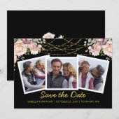 ブッシュピンクのローズ フローラル ゴールド ブルー 3 フォト セーブザ セーブザデート (正面/裏面)