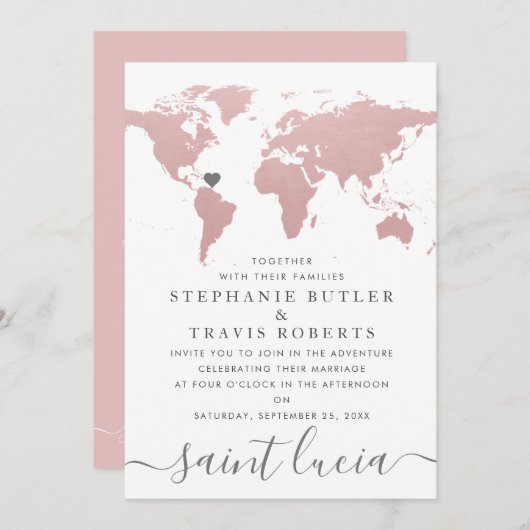 ブッシュピンクの世界地図 トラベルテーマ ウェディング 招待状 (正面/裏面)