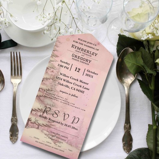 ブッシュピンクの冬の風景 雪の松の木 クリスマス オールインワン招待状