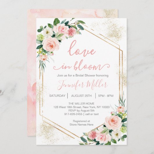 ブッシュピンクの愛が咲く 花の ブライダルシャワー 招待状 (正面/裏面)