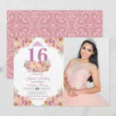 ブッシュピンクの桃の花のスウィート16の誕生日写真 招待状 (正面/裏面)