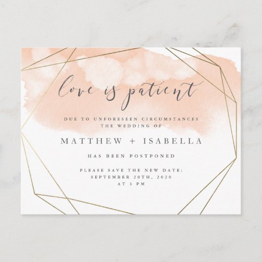 ブッシュピンクの水彩延期カード 愛は忍耐強い インビテーションポストカード (正面)