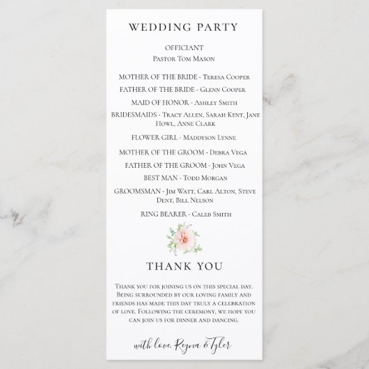 ブッシュピンクの水彩花のウェディングプログラム プログラム (裏面)