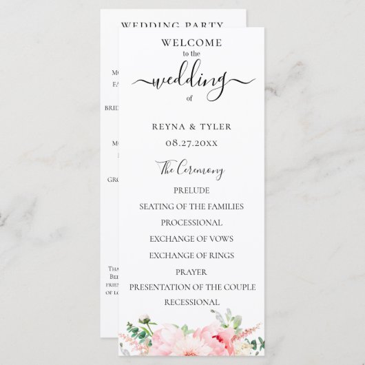 ブッシュピンクの水彩花のウェディングプログラム プログラム (正面/裏面)