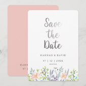 ブッシュピンクの水彩花の結婚式のSave the Date セーブザデート (正面/裏面)