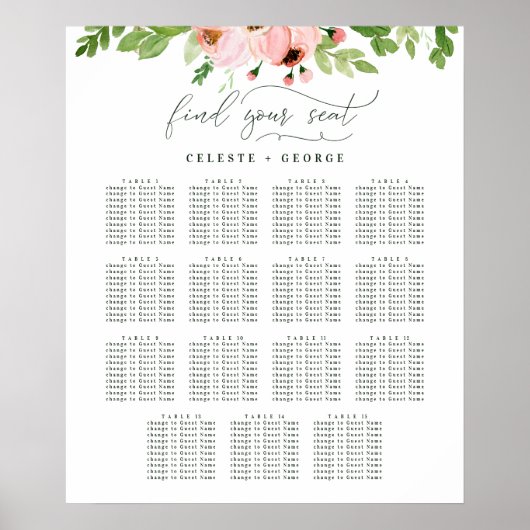 ブッシュピンクの水彩花イラストの結婚式着席表 ポスター (正面)