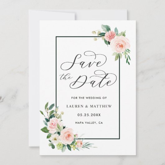 ブッシュピンクの水彩花モダン結婚式 Save the Date セーブザデート (正面)