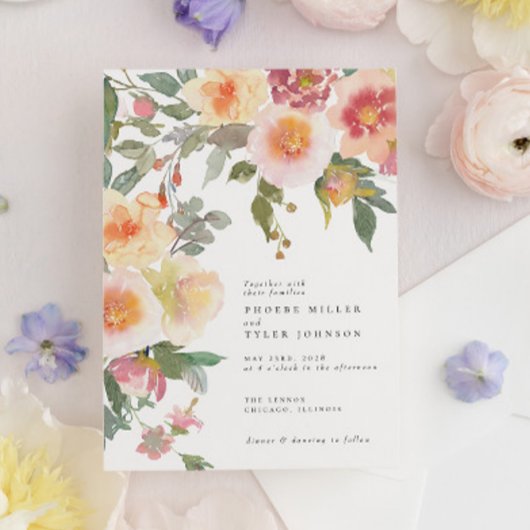 ブッシュピンクの水彩花モチーフの結婚式 招待状