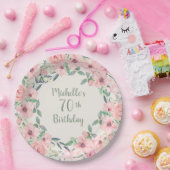 ブッシュピンクの水彩花柄 70歳の誕生日 ペーパープレート (パーティー)