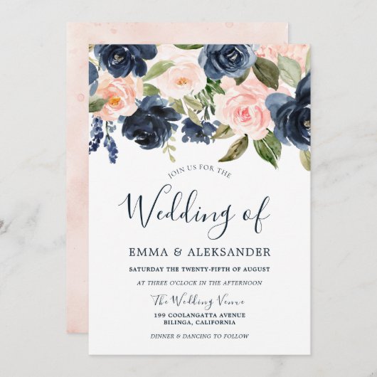 ブッシュピンクの水彩花 ネイビー 結婚式 招待状 (正面/裏面)