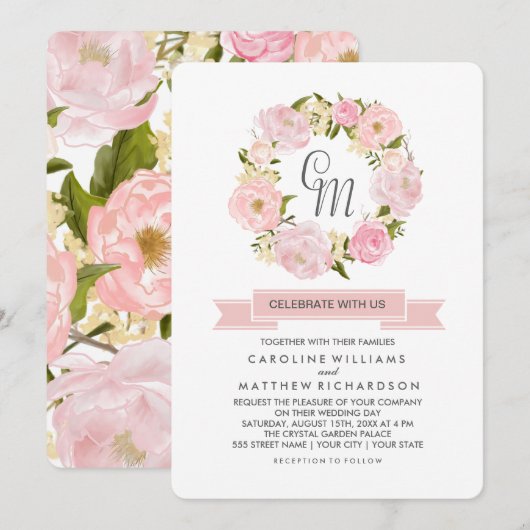 ブッシュピンクの牡丹の花輪 ウェディング招待状 招待状 (正面/裏面)