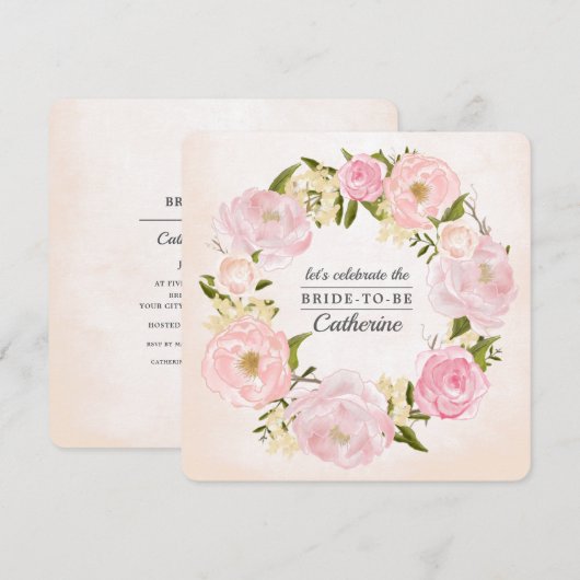 ブッシュピンクの芍薬の水彩画 ブライダルシャワー 招待状 (正面/裏面)