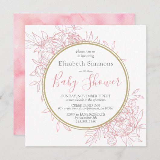 ブッシュピンクの芍薬モダンな花のトイレ ベビーシャワー 招待状 (正面/裏面)