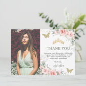 ブッシュピンクの花とセージグリーンのキレイな写真 サンキューカード (スタンド正面)