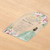 ブッシュピンクの花とセージグリーンのキンセアニエラ・スウィート16 アクリル招待状 (レイダウン)