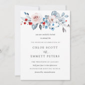 ブッシュピンクの花とソフトブルーのウェディング - 赤のアクセント 招待状 (正面)