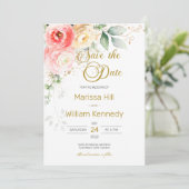 ブッシュピンクの花とユーカリの結婚式のSave The Date 招待状 (スタンド正面)