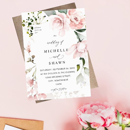 ブッシュピンクの花とユーカリの結婚式2B 招待状