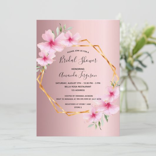 ブッシュピンクの花と幾何学模様のウェディングシャワー 招待状 (スタンド正面)