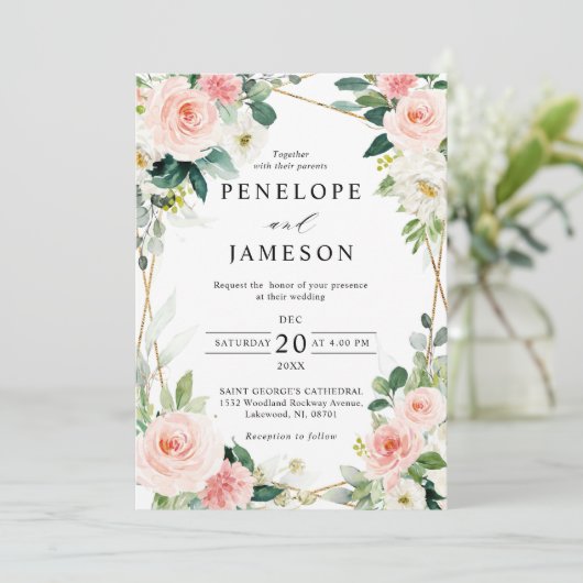 ブッシュピンクの花と幾何学的なボタニカルウェディング招待状 招待状 (スタンド正面)