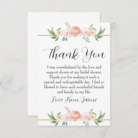 ブッシュピンクの花のウェディングシャワーの感謝カード サンキューカード (正面/裏面)