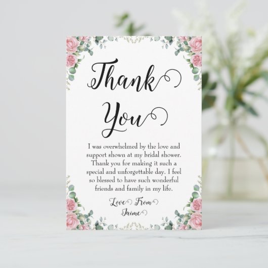 ブッシュピンクの花のウェディングシャワーの感謝カード サンキューカード (スタンド正面)