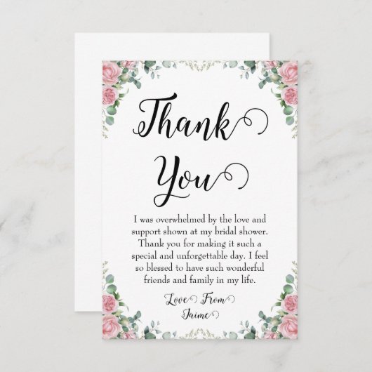 ブッシュピンクの花のウェディングシャワーの感謝カード サンキューカード (正面/裏面)