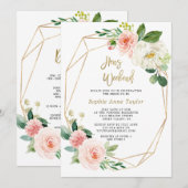 ブッシュピンクの花のゴールドフレーム独身最後の週末 招待状 (正面/裏面)