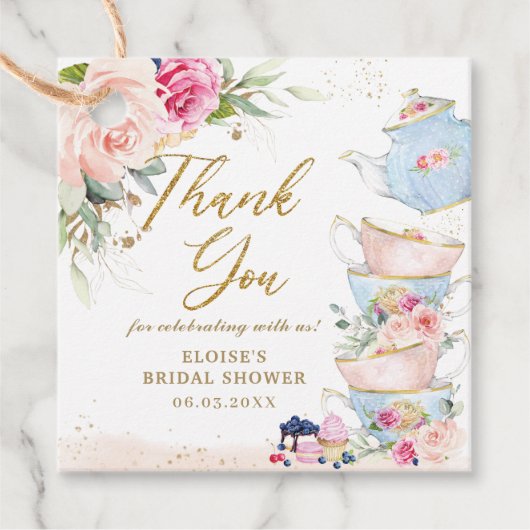 ブッシュピンクの花のティーパーティー ベビーシャワー 誕生日 フェイバータグ (正面)