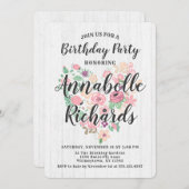 ブッシュピンクの花のハートの誕生日パーティー招待状 招待状 (正面/裏面)