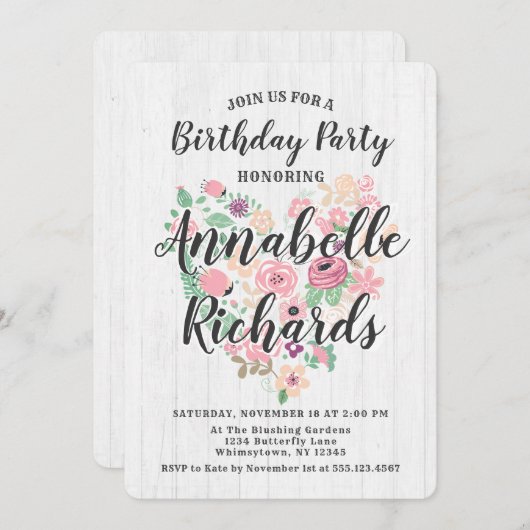 ブッシュピンクの花のハートの誕生日パーティー招待状 招待状 (正面/裏面)