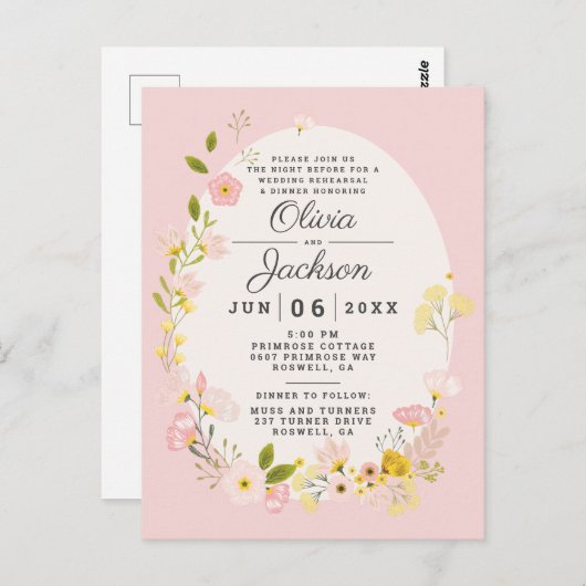 ブッシュピンクの花のポストカードリハーサルディナー招待状 ポストカード (正面/裏面)